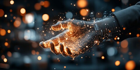 Poster - Futuristic robotic hand emitting glowing particles in a dark cybernetic environment
