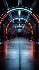 Poster - Futuristic corridor illuminated by neon lights in a sci-fi setting at nighttime