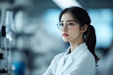 Poster - Young scientist in laboratory wearing glasses with a serious expression during research activities