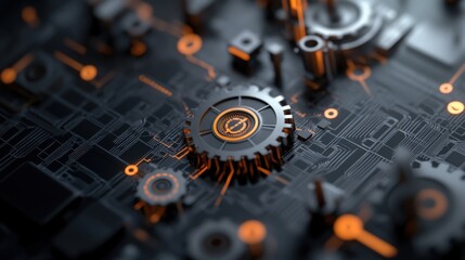 Poster - Intricate Close-up of Abstract Geometric Circuit Board with Orange Highlights, Metallic Gears and Modern Technology Patterns for Digital Innovation Concepts