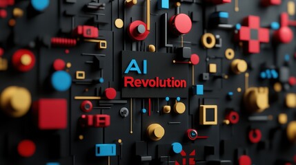Poster - Abstract representation of the AI Revolution with vibrant geometric shapes in red, blue, and yellow against a textured black background showcasing technological advancement and innovation.