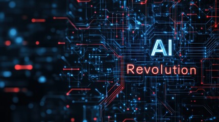 Poster - Futuristic Concept of Artificial Intelligence Revolution with Bright Text Against a Dark Background Featuring Technological Circuit Patterns and Glowing Elements