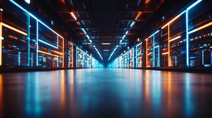 Poster - High-tech data center corridor illuminated by vibrant blue and orange lights amid advanced technology infrastructure