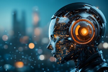 Poster - Futuristic robot head with glowing elements against a city skyline during nighttime