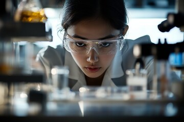 Poster - Scientist conducts research in laboratory, focusing on chemical experiments under bright lighting conditions