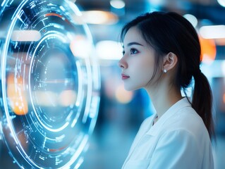 Poster - Young woman analyzing digital interface in modern tech environment with futuristic elements during evening hours
