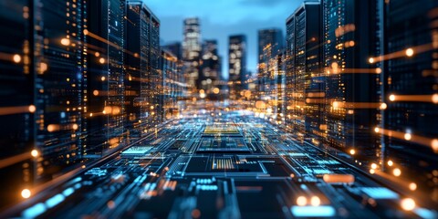 Poster - Technology infrastructure illuminated at dusk with vibrant data patterns flowing through a cityscape
