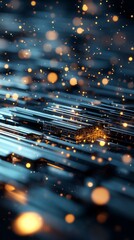 Poster - Sparkling particles illuminate a sleek metallic surface in an abstract digital setting