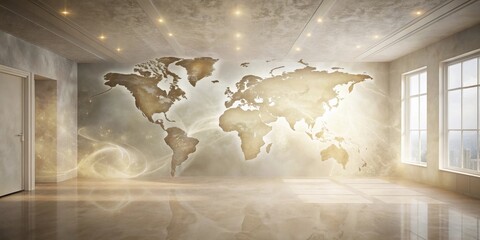 Wall Mural - Illuminated World Map Mural in an Empty Room with Large Windows and Gleaming Floor