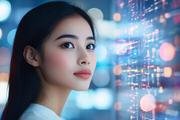 Poster - Young woman looking thoughtfully at digital display in urban setting at night