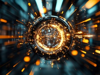Poster - Dynamic motion with glowing sparks and circular patterns in a futuristic digital landscape