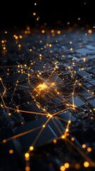 Poster - Glowing network of connections over a digital landscape illuminated by orange lights