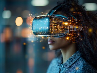 Poster - exploring virtual reality technology with an immersive headset in a modern urban environment during 