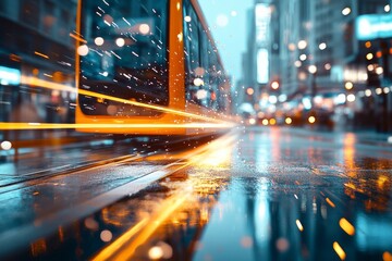 Wall Mural - Swift movement of a tram through a rainy city street at twilight with bright lights and reflections on wet pavement