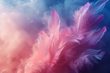 Poster - Delicate pink and purple feathers creating dreamy ethereal composition against soft blurred background, perfect for romantic designs, wedding invitations and spiritual concepts.