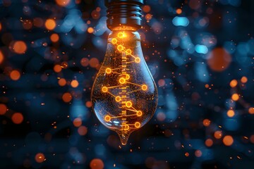 Poster - Glowing light bulb with magical spiral light trail inside on dark background with bokeh effects, perfect for creative energy and innovation concepts.