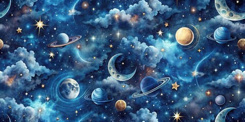 Wall Mural - celestial dreamscape a whimsical galaxy of planets, moons, and stars adorned with soft clouds in a d