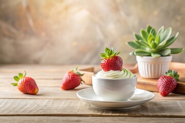 A delightful cup of creamy dessert topped with a fresh strawberry, accompanied by additional strawberries and a succulent plant on a rustic wooden table