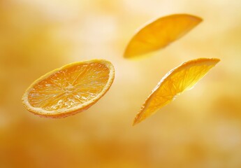 Wall Mural - Three orange slices levitate against a blurred yellow background.