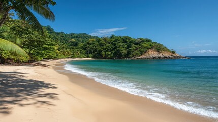 Wall Mural - Secluded beach with palm trees, turquoise water, and lush greenery. Ideal for travel, vacation, and tropical paradise themes.