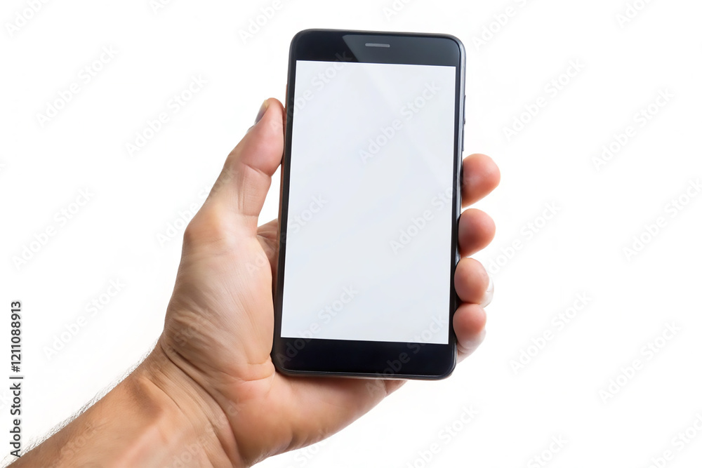 Hand holding black mobile with blank white screen isolated on white ...