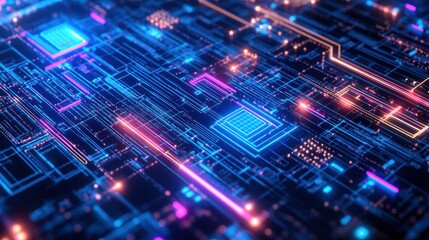Poster - Abstract Circuit Board: Neon Glow in Digital Realm