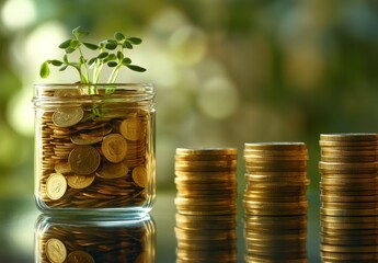 Growing money concept coins in jar with plant, stacks of coins.