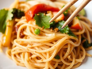 A close-up shot of a colorful homemade Asian pad thai dish on a white plate, with chopsticks, cuisine, delicious, meal