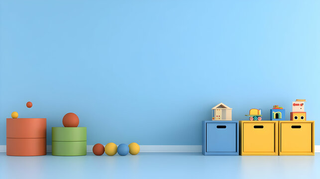 3D Playroom Scene Features Toys, Colorful Balls, and Storage Boxes on a Pastel Blue Background.