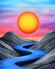 Wall Mural - A vibrant sunset over a winding river, framed by textured mountains, showcasing a harmonious blend of colors. mental health wellness therapy emotional strength concept