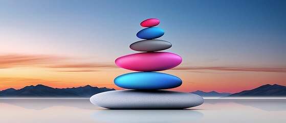 Canvas Print - a colorful stack of smooth stones against a serene sunset backdrop, symbolizing balance and tranquil