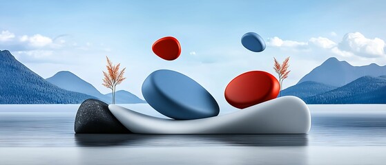 Canvas Print - a surreal landscape featuring colorful stones on a smooth surface, with distant mountains and trees,