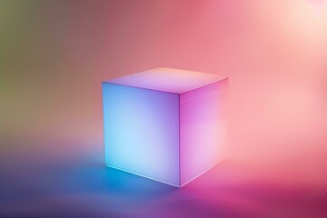 Poster - Glowing translucent cube with gradient neon lighting effect on blurred background perfect for modern tech presentations, digital art and abstract business concepts.