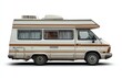 © YUANCEN - Ultra-realistic photography of a white camper van on wheels, isolated against a white background.