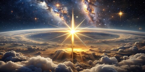 Wall Mural - celestial sunrise a radiant star illuminates a serene planet above a sea of clouds
