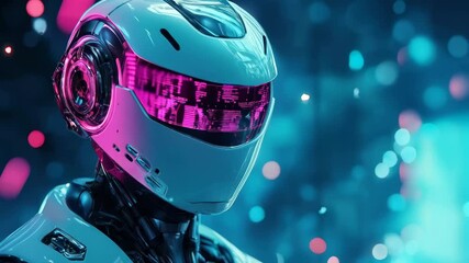 Poster - Futuristic robot with neon display navigates through cyberpunk environment