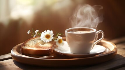 Wall Mural - A warm breakfast tray with a steaming cup of coffee, toast, and a small flower arrangement