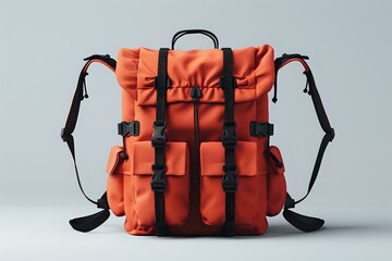 Modern orange travel backpack with multiple pockets and black straps isolated on light background, perfect for outdoor adventure and urban lifestyle photography.