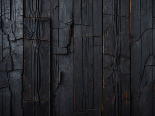 close-up of textured black charred wood panels with intricate cracks and natural patterns.