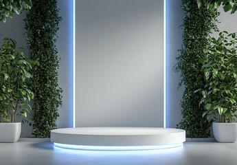 Poster - Illuminated round podium with plants & neon lights.