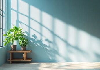 Poster - Sunlit room interior with plants on shelf.