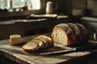 © tolem929 - Rustic sourdough bread loaf sliced on wooden board with butter and knife.