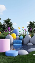 Wall Mural - a serene garden scene featuring a colorful assortment of stones, a small waterfall, and vibrant flow