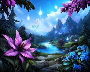 Wall Mural - A serene landscape with vibrant flowers, a shimmering river, and mystical mountains under a starry sky. ai-Generated Fantasy Imaginary Worlds concept