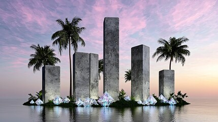 Wall Mural - a serene landscape featuring tall stone structures amidst palm trees, reflecting in calm water again