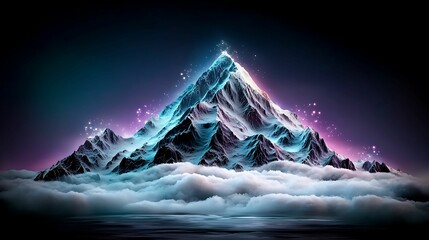Wall Mural - A glowing mountain peak rises above vibrant clouds, illuminated in shades of blue and purple, creating a mystical and dreamy landscape. ai-Generated Fantasy Imaginary Worlds concept