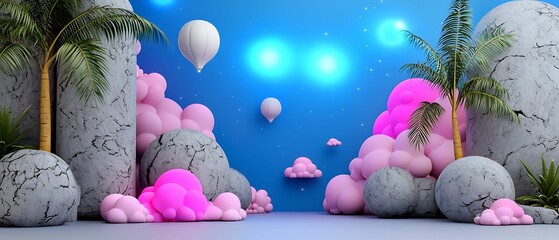 Wall Mural - colorful surreal landscape featuring vibrant pink clouds, balloons, and tropical plants against a bl