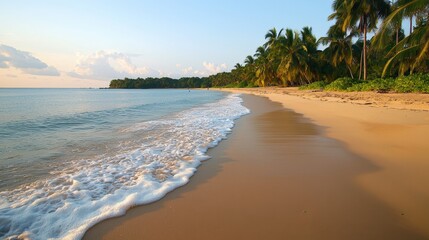 Wall Mural - Complexity structure and sophisticated, A tranquil beach scene featuring soft sand, gentle waves, and lush palm trees under a serene sky.