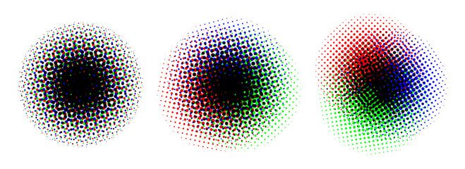Poster - Halftone round background set. RGB color dotted half tone shapes. Grunge ink press splash stains and blots. RGB textured pixelated circle gradient collection. Print production raster glitch. Vector