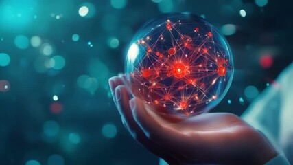 Leinwandbilder - Hand holding glowing network sphere in futuristic neon technology background